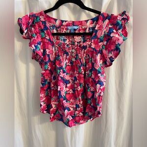 Draper James Pink Floral Ruffle Blouse